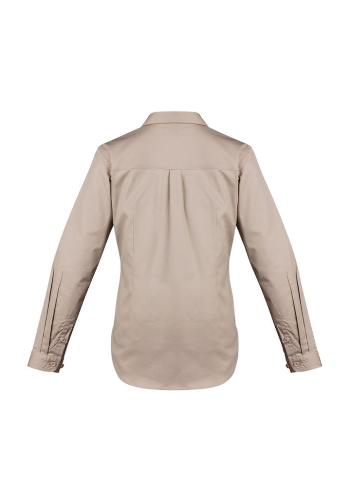 Womens Lightweight Tradie Shirt in Sand, featuring breathable cotton, triple-stitched seams, and feminine fit for workwear.