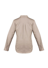 Womens Lightweight Tradie Shirt in Sand, featuring breathable cotton, triple-stitched seams, and feminine fit for workwear.
