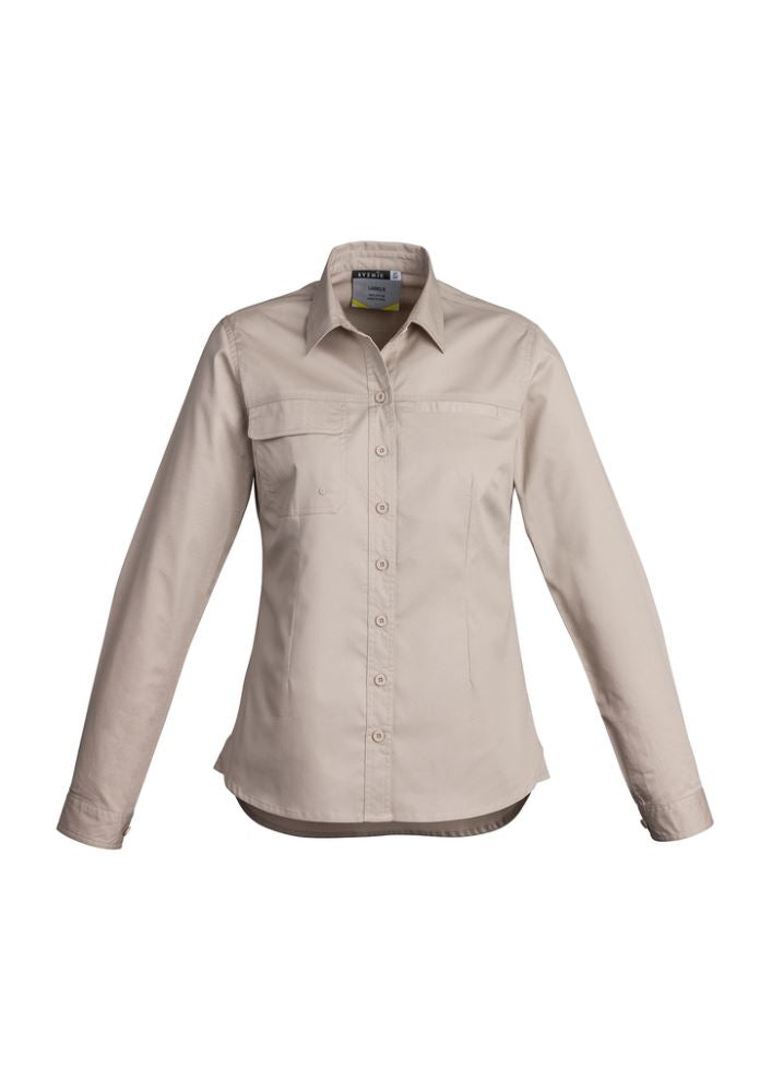 Women's lightweight long sleeve tradie shirt in sand with breathable cotton, durable seams, and practical pockets.