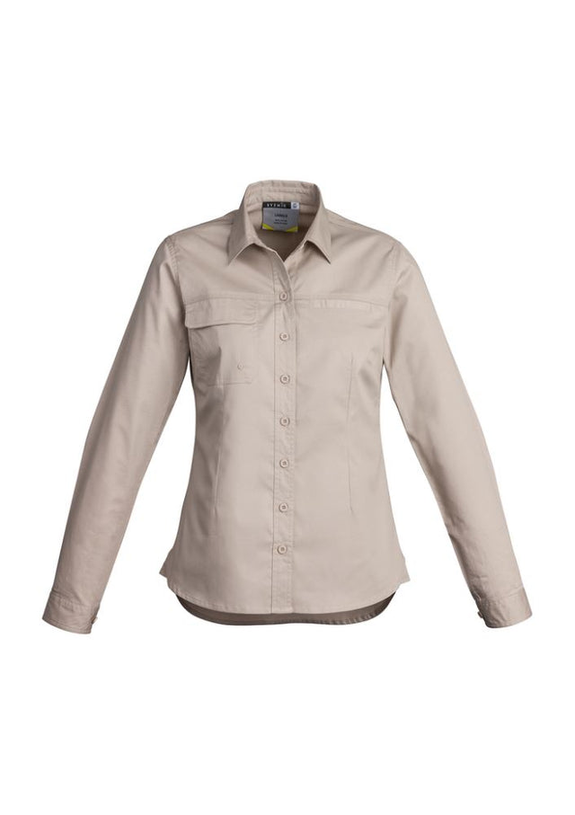 Women's lightweight long sleeve tradie shirt in sand with breathable cotton, durable seams, and practical pockets.