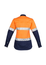 Women's Hi-Vis Spliced Industrial Shirt in orange and navy, featuring reflective tape, mesh vents, and a feminine fit.