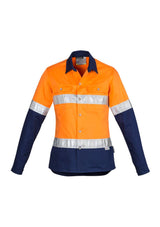 Women's Hi-Vis Spliced Industrial Shirt in orange and navy, featuring reflective tape, mesh vents, and a feminine fit.
