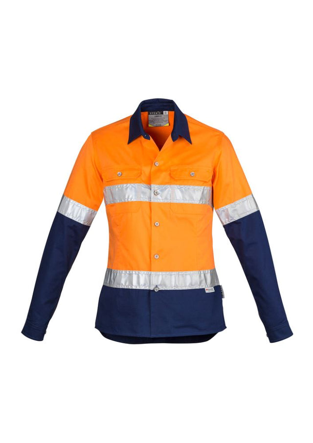 Women's Hi-Vis Spliced Industrial Shirt in orange and navy, featuring reflective tape, mesh vents, and a feminine fit.