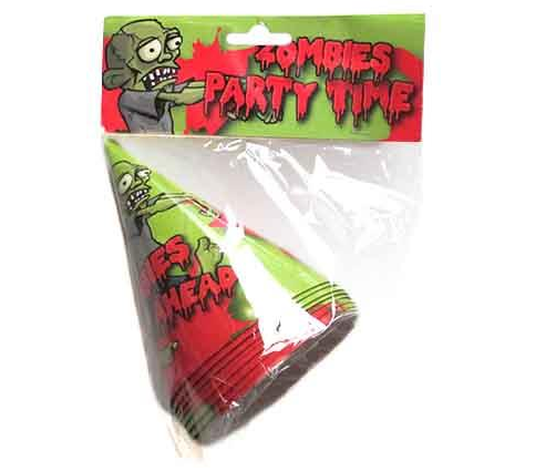 "Eight vibrant zombie birthday party hats, perfect for creepy-themed celebrations and fun gatherings."
