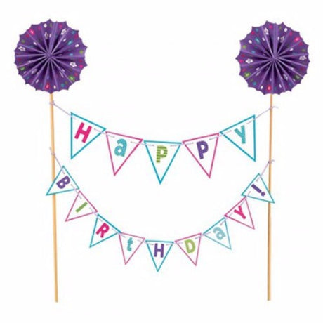 Purple birthday cake topper kit with gold foil accents, includes wooden picks and stringed banners for a festive celebration.