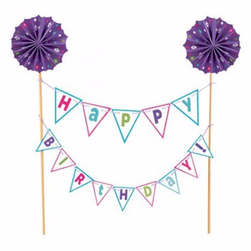 Purple birthday cake topper kit with gold foil accents, includes wooden picks and stringed banners for a festive celebration.
