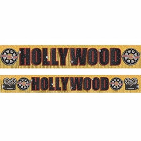 Gold foil fringe banner and cardboard cutouts, 3m x 29cm, perfect for glamorous Hollywood-themed celebrations.