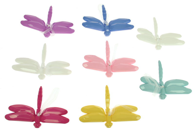 Set of 8 vibrant acrylic dragonflies, perfect for hanging decor in any space, featuring intricate designs and easy-to-hang strings.