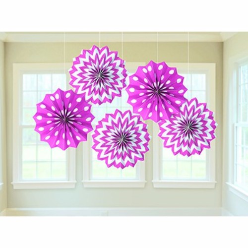 Bright pink tissue paper fans in a pack of 5, perfect for festive decorations and easy hanging for any event.