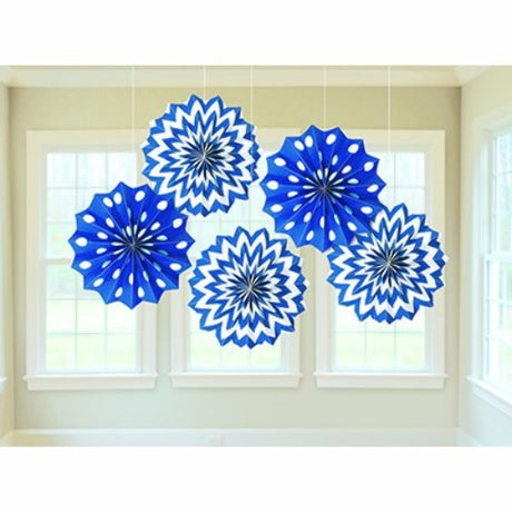 Bright royal blue tissue paper fans, 20cm, perfect for event decor, pack of 5 with assembly supplies included.