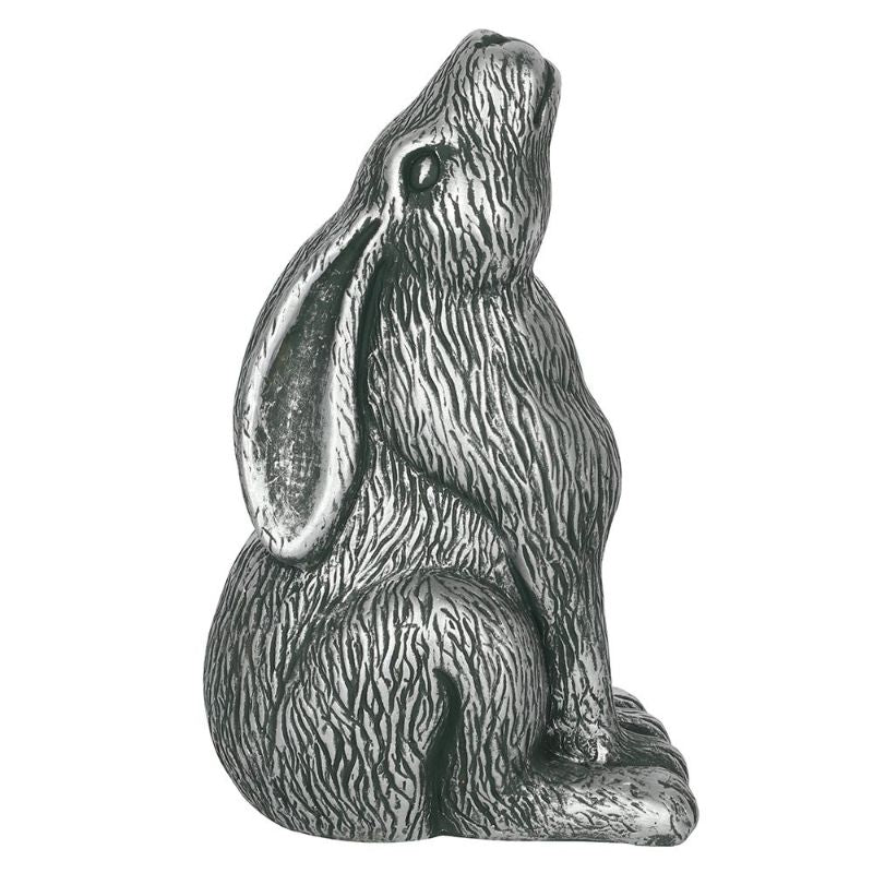 Silver terracotta Moon Gazing Hare garden ornament, H:31 x W:20 x D:13 cm, features intricate details and a shimmering silver finish.