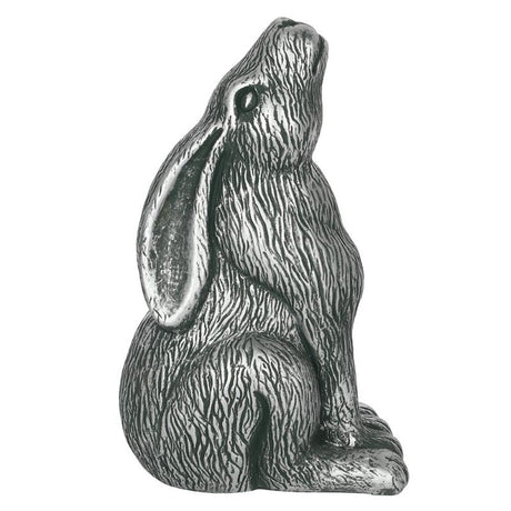 Silver terracotta Moon Gazing Hare garden ornament, H:31 x W:20 x D:13 cm, features intricate details and a shimmering silver finish.