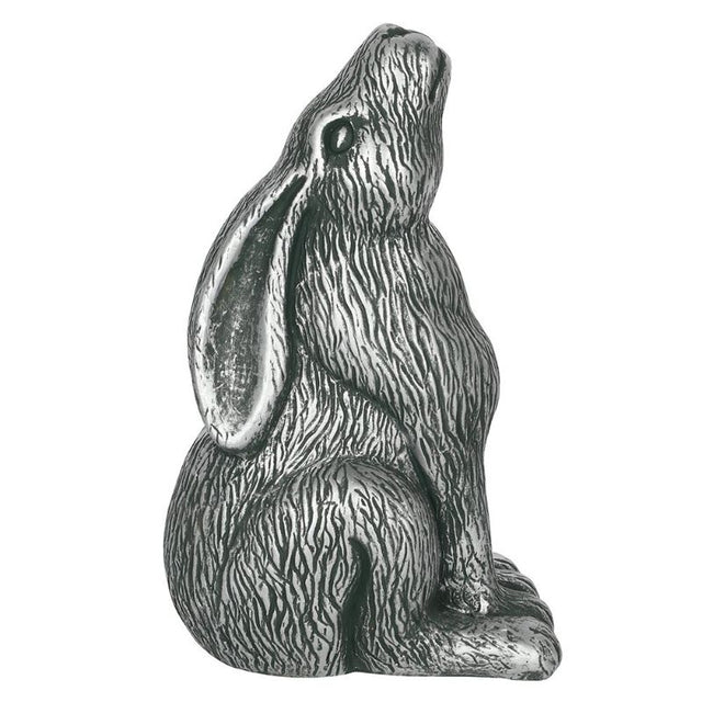 Silver terracotta Moon Gazing Hare garden ornament, H:31 x W:20 x D:13 cm, features intricate details and a shimmering silver finish.