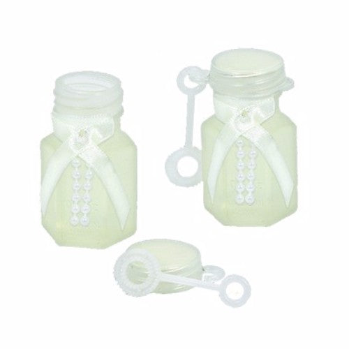 Bubbles wedding favors in elegant bottles with ribbon and beads, perfect for creating magical moments on your special day.