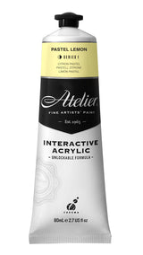 80ml bottle of ATELIER PASTEL LEMON acrylic paint, featuring a soft pastel hue for versatile artistic applications.