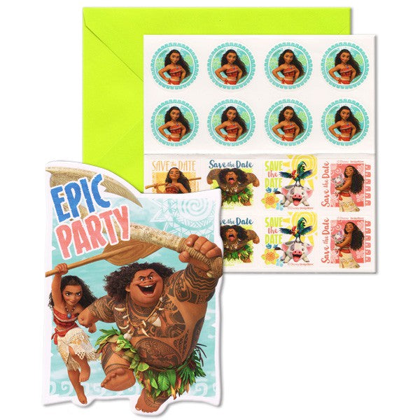 Moana-themed party invitations set of 8 with vibrant designs, matching envelopes, seals, and 'Save The Date' stickers.