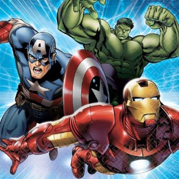 Avengers 2-ply beverage napkins, 25cm x 25cm, pack of 16 featuring iconic Marvel heroes for parties and gatherings.
