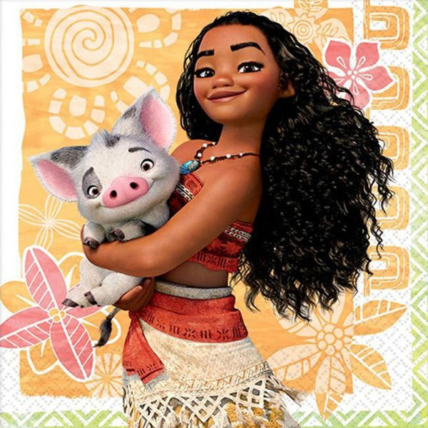 Vibrant Moana beverage napkins, 25cm x 25cm, 2-ply, pack of 16, perfect for themed parties and adding color to your celebration.