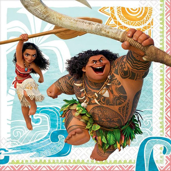 Moana Luncheon Napkins featuring a vibrant 2-sided design, 33cm x 33cm, ideal for festive parties, pack of 16.