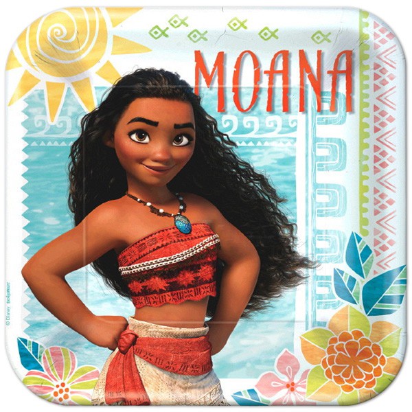 Moana-themed square paper dinner plates, 23cm, pack of 8, perfect for parties and easy clean-up.