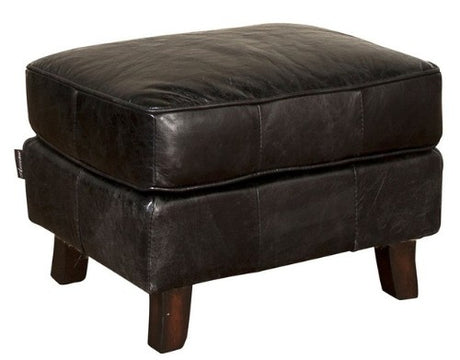 Elegant black leather ottoman with curved legs, offering comfort, hidden storage, and a timeless design for any living space.