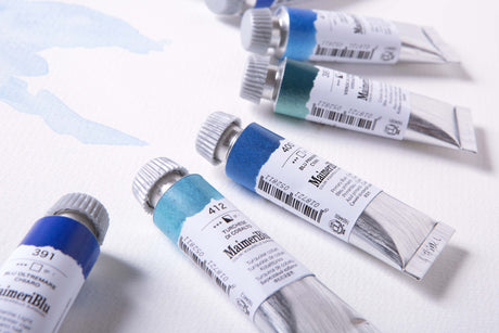 Vibrant Maimeri Blu 12ml Faience Blue watercolor, known for transparency, purity, and maximum color strength for artists.