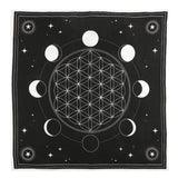 Moon Phase Crystal Grid Altar Cloth featuring intricate moon designs and Flower of Life for crystal healing and meditation.