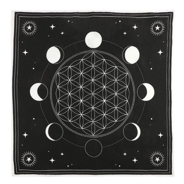 Moon Phase Crystal Grid Altar Cloth featuring intricate moon designs and Flower of Life for crystal healing and meditation.