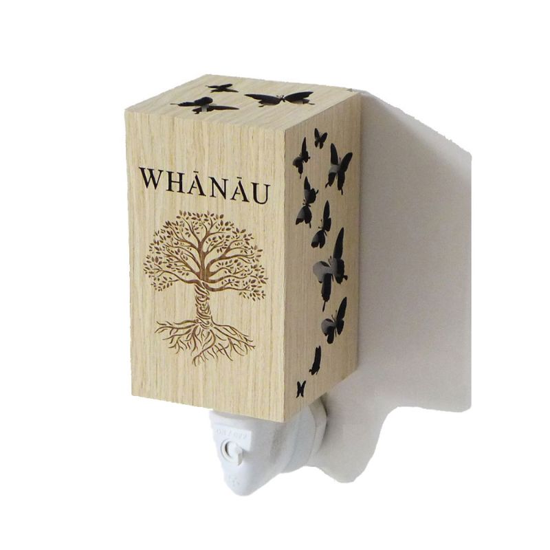 Whanau wood grain plug-in night light, 12x7x7 cm, providing warm illumination for kids' rooms or hallways with a stylish finish.