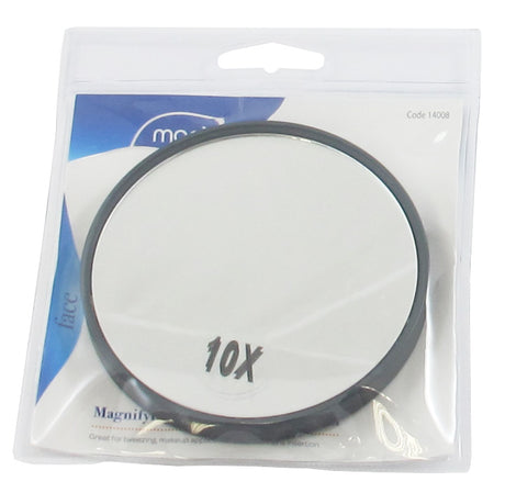 Compact 10x magnification mirror by Manicare, perfect for precise makeup application, tweezing, and lens insertion.