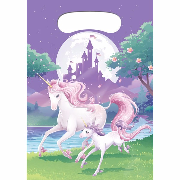 Colorful unicorn loot bags, 22cm x 17cm, pack of 8, perfect for party favors and magical celebrations.