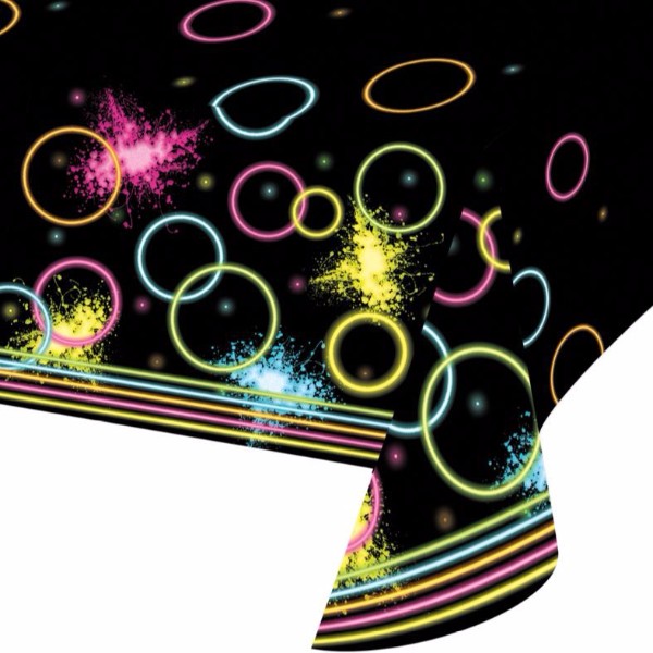 Vibrant Glow Party Tablecover in plastic, 137cm x 259cm, perfect for enhancing festive gatherings with style.