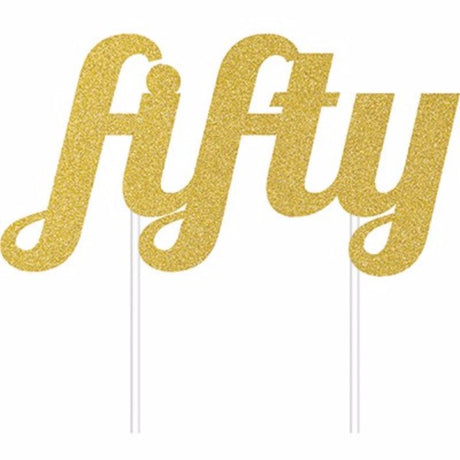 Gold glittered cake topper for 50th birthday, 14cm x 16cm, adds elegance to celebrations and creates memorable photo opportunities.