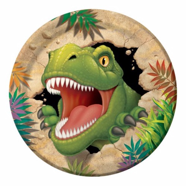 Vibrant dinosaur-themed paper dinner plates, 23cm, perfect for parties; pack of 8 eco-friendly and disposable.