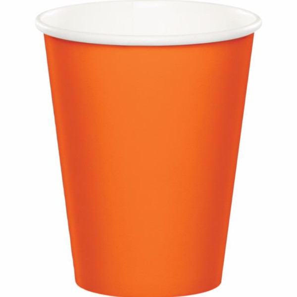 Sunkissed orange disposable paper cups (266ml) in a pack of 24, perfect for hot and cold beverages at any gathering.