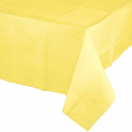 Mimosa yellow tablecover, 137cm x 274cm, with soft tissue top and waterproof plastic backing, perfect for parties and everyday use.