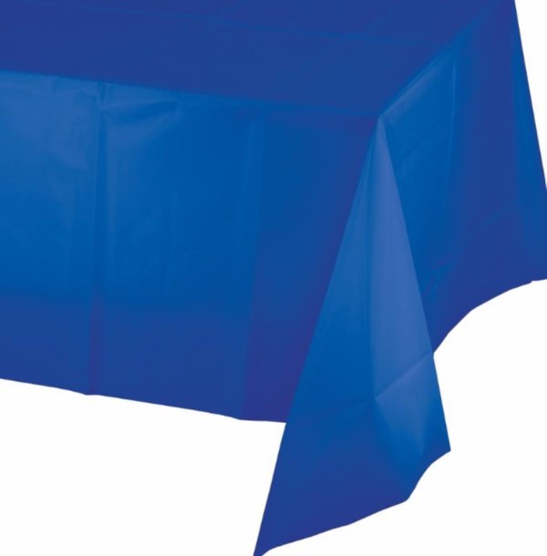 Vibrant cobalt blue plastic tablecover, 137cm x 274cm, perfect for durable and stylish event decoration.