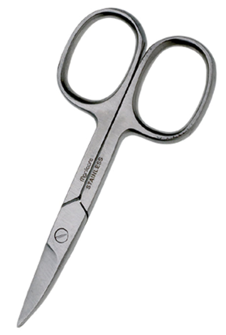 Manicare curved nail scissors with extra large grip, crafted from durable stainless steel for precise and comfortable nail care.