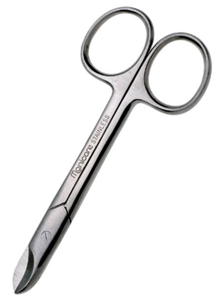 Manicare Toenail Scissors in stainless steel with ergonomic grip for precise trimming and elegant satin finish.