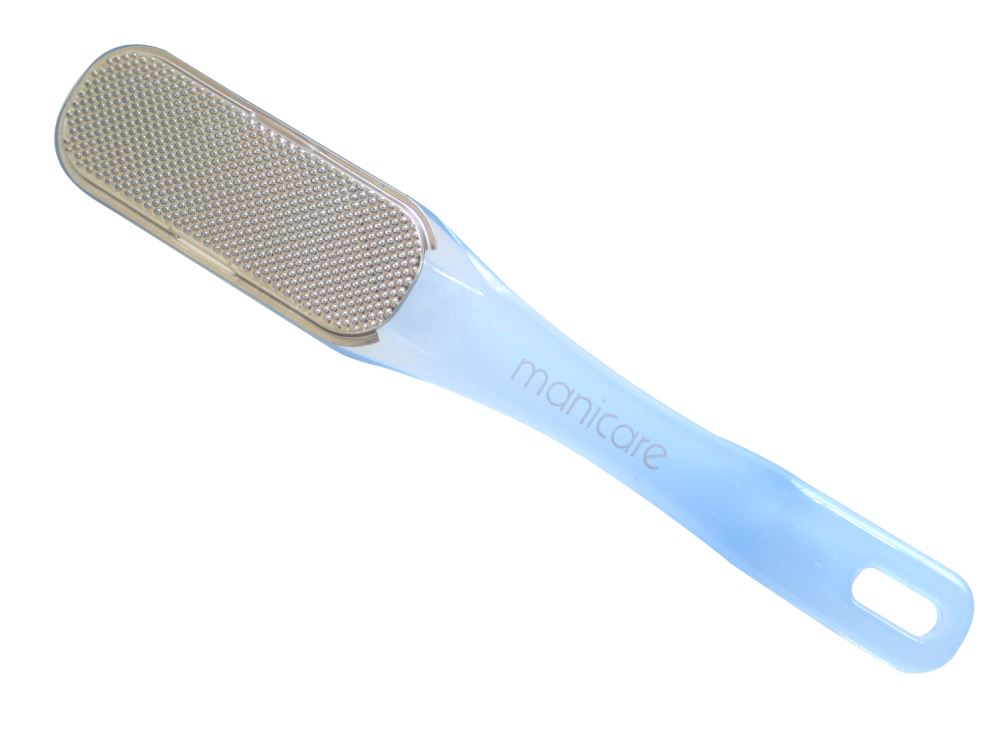 Stainless steel pedicure file designed to soften calluses and remove dry skin for smooth, beautiful feet.