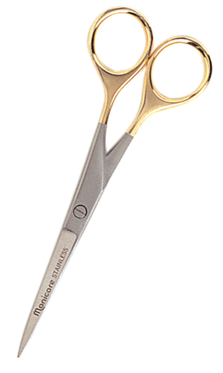 Manicare Hairdressing Scissors with 24k gold-plated handles and precision-ground stainless steel blades for effortless styling.