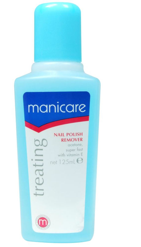 Bottle of Manicare Express Nail Polish Remover, 125mL, featuring fast-acting acetone and vitamin E for effective nail care.