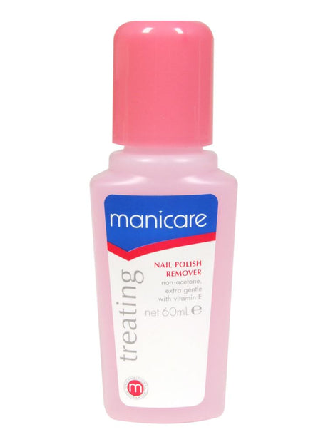 Manicare Acetone Free Nail Polish Remover 60mL in a compact bottle, gentle on nails, perfect for sensitive skin care.