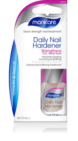 Manicare Daily Nail Hardener strengthens soft, weak nails and prevents damage while serving as an effective base coat.