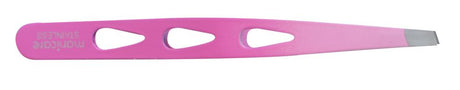 Pink precision tweezers with ultra-fine slant tips for accurate eyebrow shaping and hair removal, includes protective pouch.