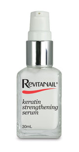 Keratin Strengthening Serum by Revitanail for revitalizing and strengthening weak nails and cuticles, water-based and chemical-free.