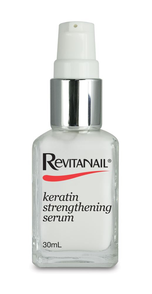 Keratin Strengthening Serum by Revitanail for revitalizing and strengthening weak nails and cuticles, water-based and chemical-free.