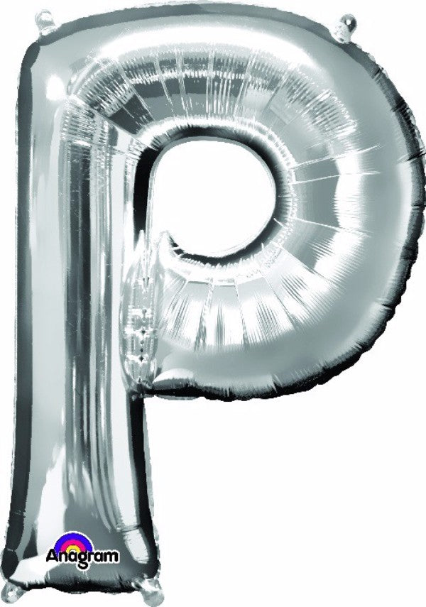 Shiny 81cm silver letter P balloon, perfect for celebrations, self-sealing, air or helium fill options.