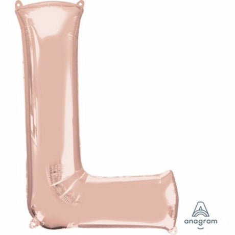 Rose gold Letter L balloon, 81cm, self-sealing, versatile for air or helium, ideal for celebrations and decorations.