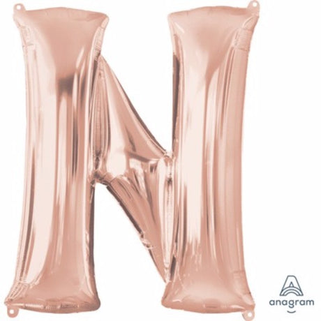 Rose gold Letter N balloon, 81cm, self-sealing, versatile for air or helium, perfect for elegant celebrations.